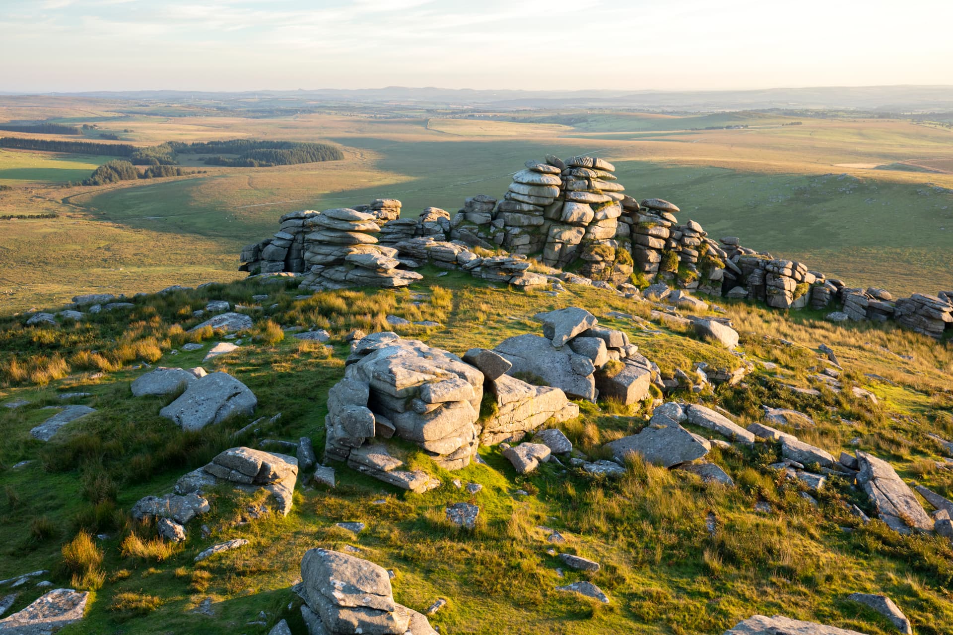Granite tors on a Cornish moorland at sunset